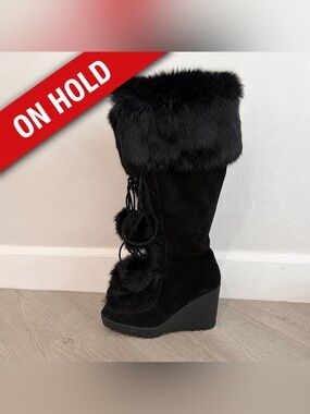 Coach Karita Black Suede Rabbit Fur Trim Wedge Boots
